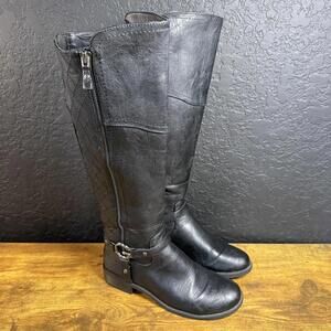 Guess Boots Womens Size 6.5 Black Knee High Riding Buckle Strap Faux Leather Zip